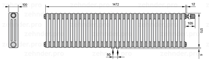 Схема (чертеж) Радиатор Zehnder Charleston 3057/32 №V008 Technoline TL